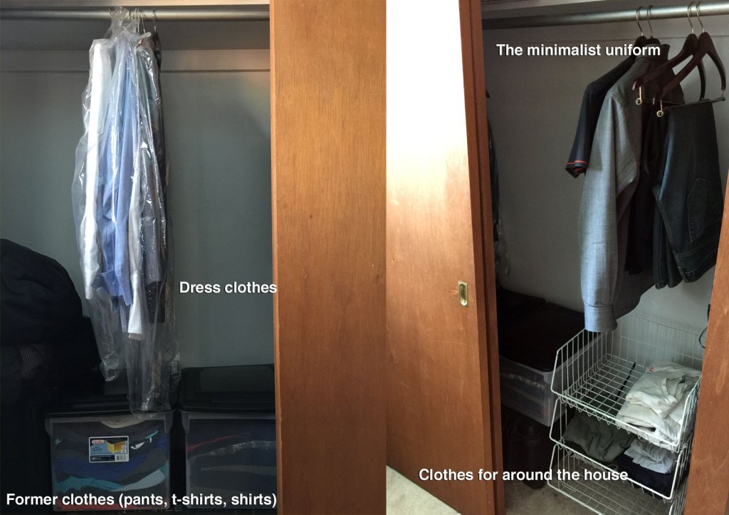 My minimalist closet. On the right are all the clothes that I will wear. On the left are dress clothes and my former clothes.