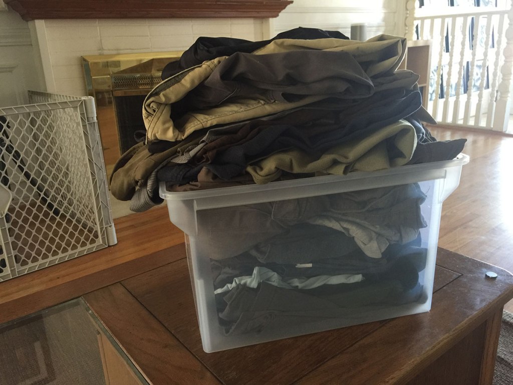 The box of clothes that I donated to Goodwill this afternoon.