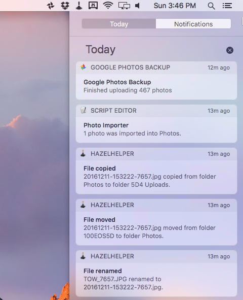 Notifications from uploading to Google Photos, Dropbox, Photos, and other file operations on the Mac Mini server.